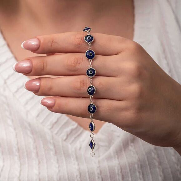 925 Sterling Silver Round Evil Eye Bracelet - Picture 3 of 4